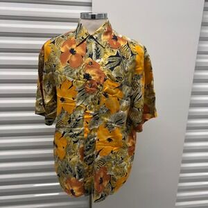 Vintage 100% Silk Tropical Floral Short Sleeve Button Down Shirt Orange Yellow